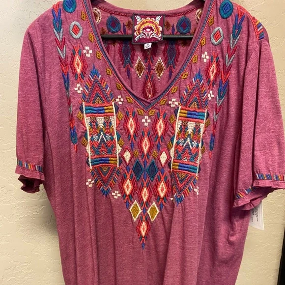 Johnny Was Short-Sleeve Tee with Multicolor Embroidery - Picture 1 of 3